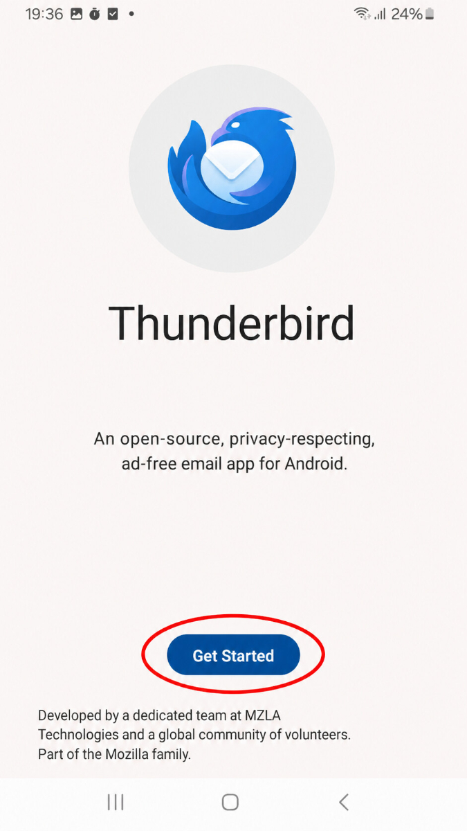 Startbildschirm von Thunderbird auf Android mit dem Button Los gehts