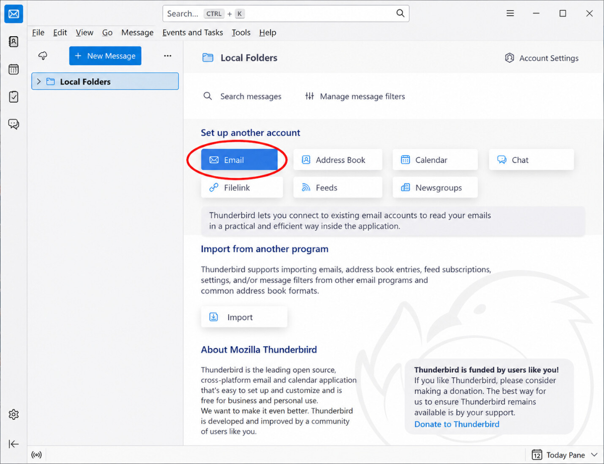 Thunderbird auf Windows mit der Auswahl E-Mail zum Hinzufügen eines neuen Kontos