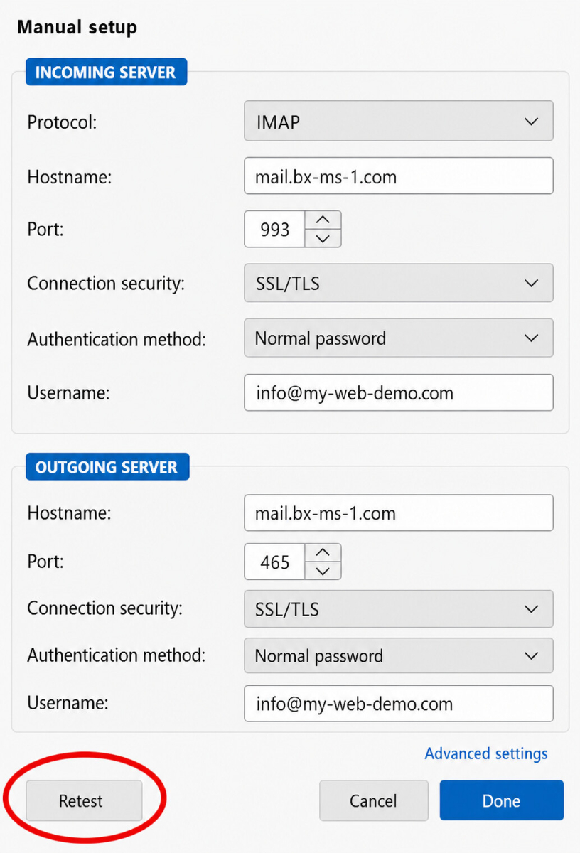 Manuelle Einrichtung in Thunderbird auf Windows mit IMAP- und SMTP-Daten sowie dem Button Erneut testen